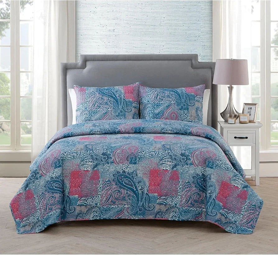 VCNY Home - Quilt Set, Reversible Bedding with Matching Shams, Cozy Room Decor, Lightweight Pinsonic Bedding (Ava Blue, King)