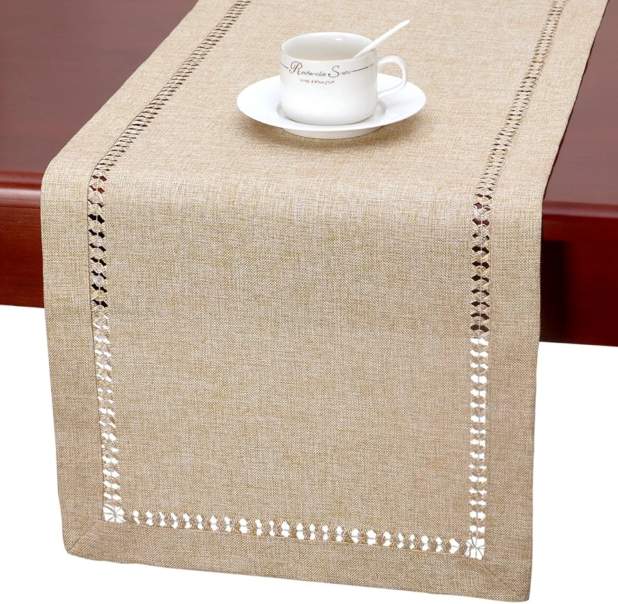 Handmade Hemstitch Beige Table Runner Or Dresser Scarf, Rectangular 14 by 36 Inch