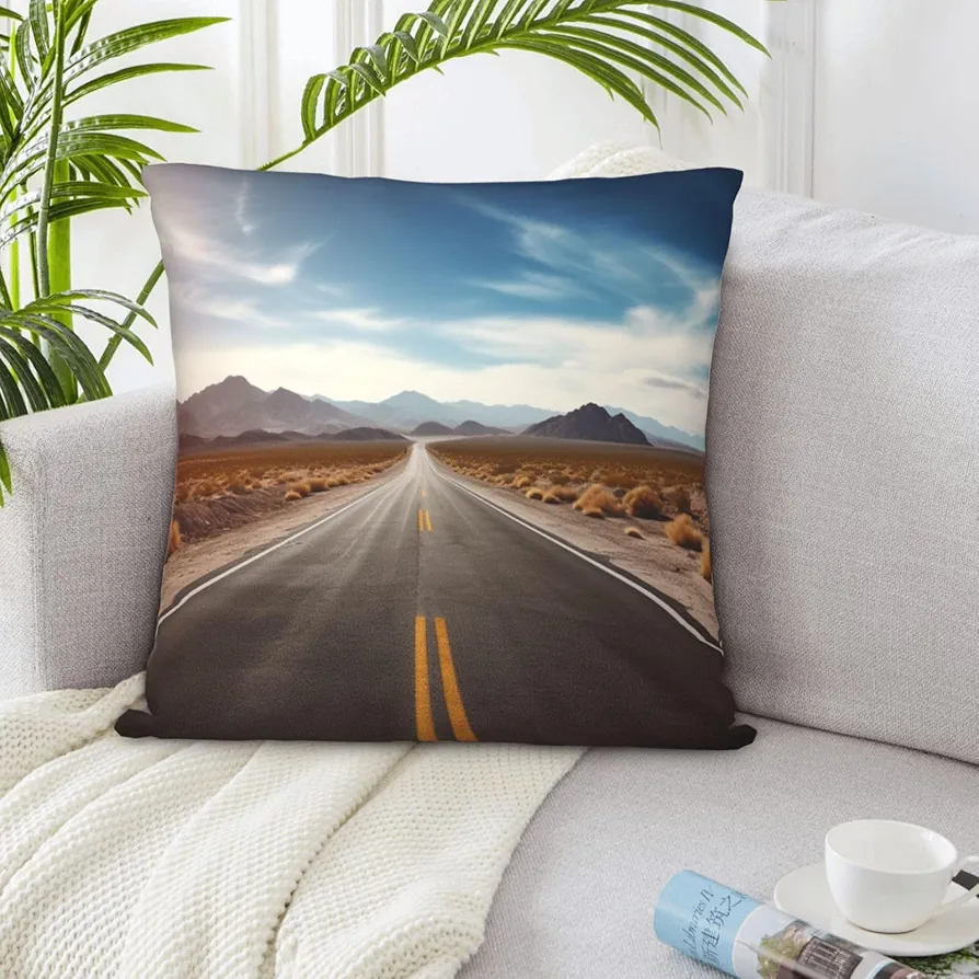 Decorative Throw Pillow Covers 18"x18" Square Pillowcases Soft Desert Landscape Highway Print Throw Pillow Cases Cushion Covers for Sofa Couch Decor Car Living Room