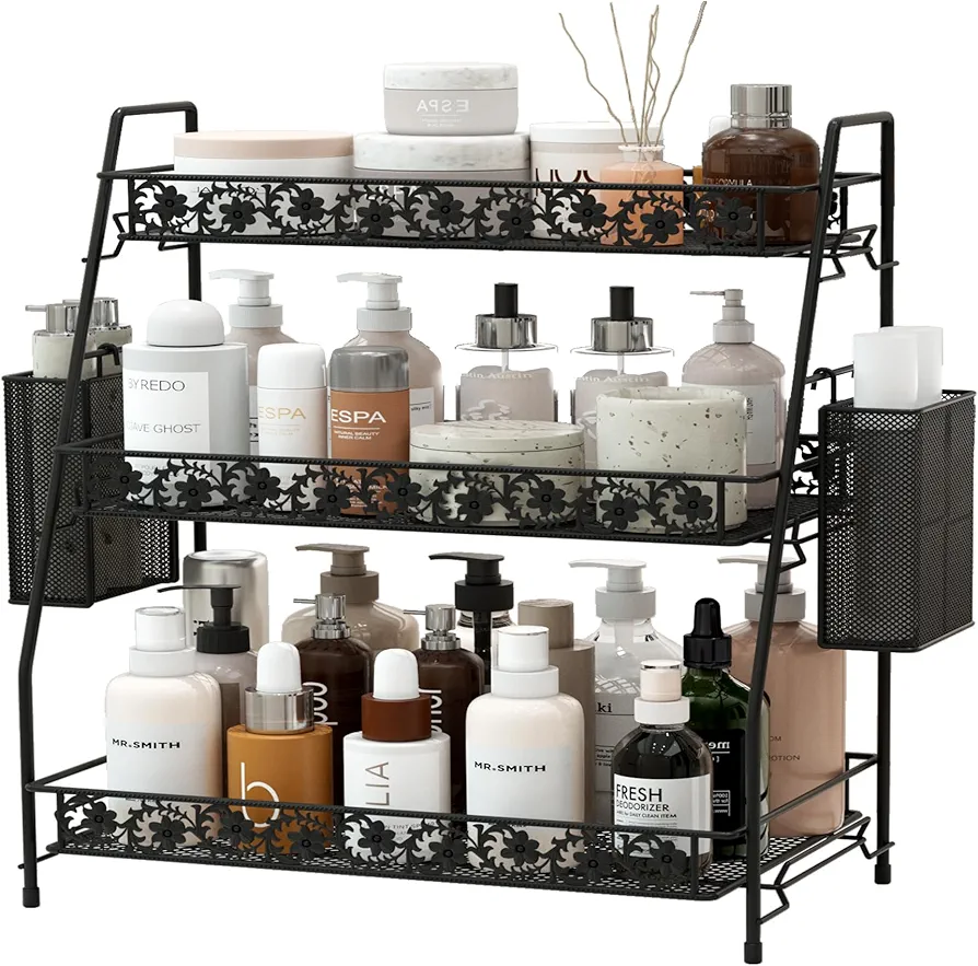 3-Tier Large Size Storage Rack,Counter Organiztion for Bathroom Countertop Organizer Shelf for Spice Racks for Kitchen/Sink/Bedroom/Living room/Office/Plant Rack with Two Metal Baskets