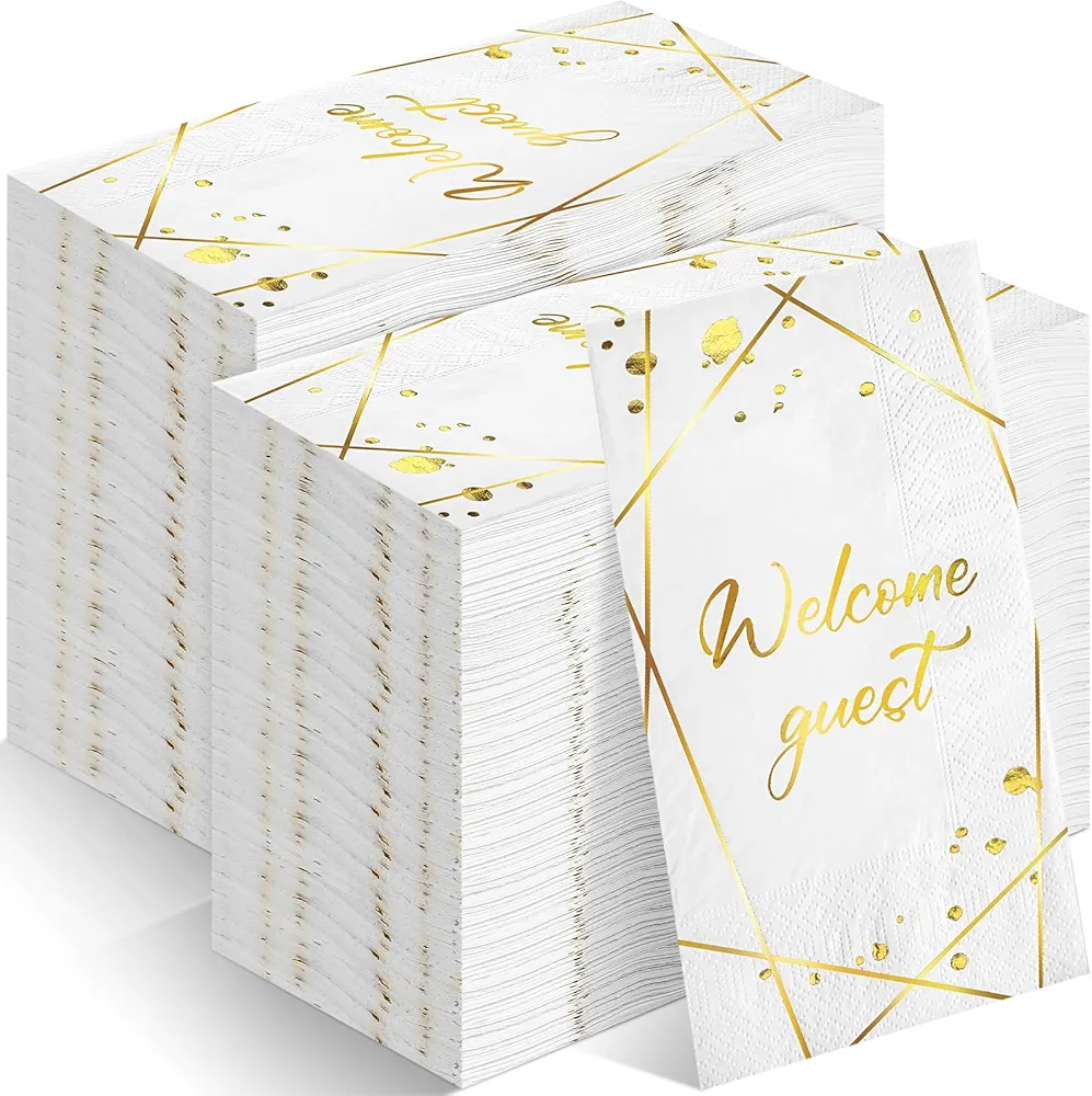 200Pcs Gold Napkins Welcome Guest Napkins Disposable Guest Towels White Gold Hand Napkins for Bathroom Wedding Powder Room Holiday Anniversary Birthday Party Baby Bridal Shower Decorative Towel