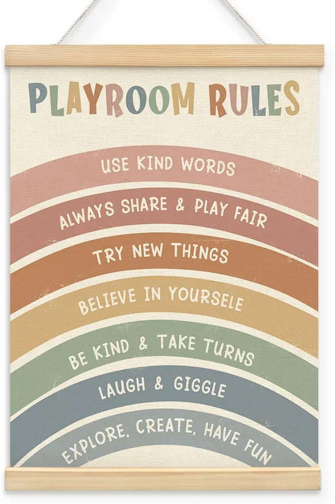 BIWSHA Rainbow Nursery Playroom Rules Poster Hanger Frame,Playroom Wall Art，Educational Motivational Affirmations Prints Framed Ready to Hang for Classroom Kids Room Wall Decor，12x16 Inch