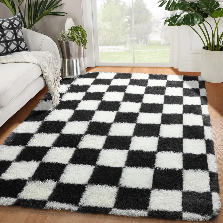 Black and White Rug for Bedroom Living Room, 4x6 Fluffy Checkered Shag Area Rug Fuzzy Carpet, Soft Shaggy Plush Checkerboard Rugs for Teen Boys Dorm Home Decor Aesthetic, Nursery, Playroom