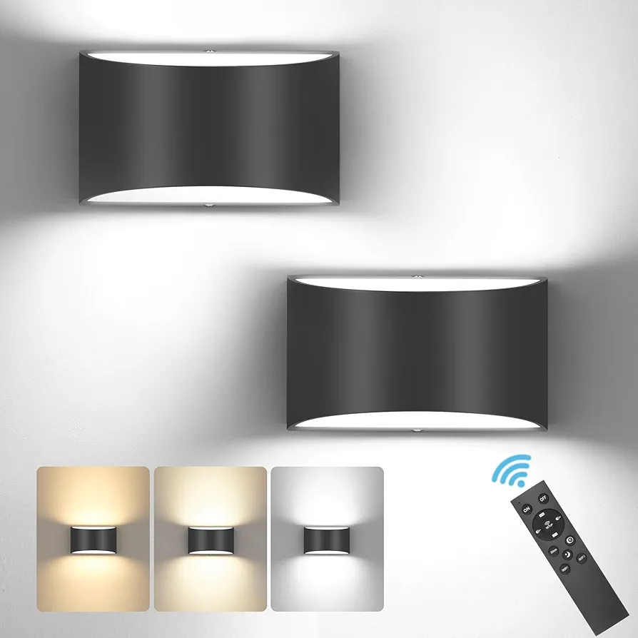 TRLIFE Modern LED Wall Sconces, Remote Control Dimmable and Adjustable Color Temperature 3000K~6000K Aluminum 12W Hardwired 120V AC Dimmable Wall Mounted Light for Bedroom Living Room(Black, 2 Pack)