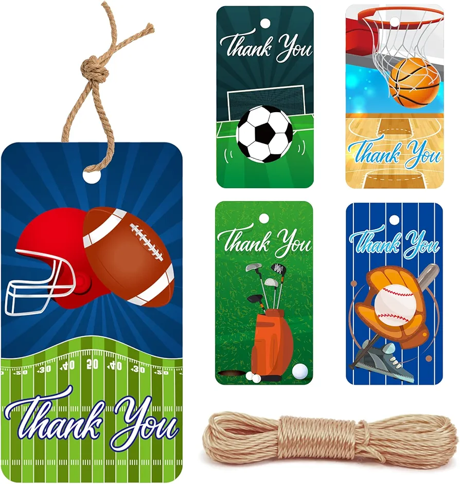 Valentines Day Sports Gift Card 120 Pieces Football Soccer Basketball Golf Baseball Thank You Tags Cards for Classroom Exchange Sports Party Baby Shower Balls Game Themed Birthday Party Supplies