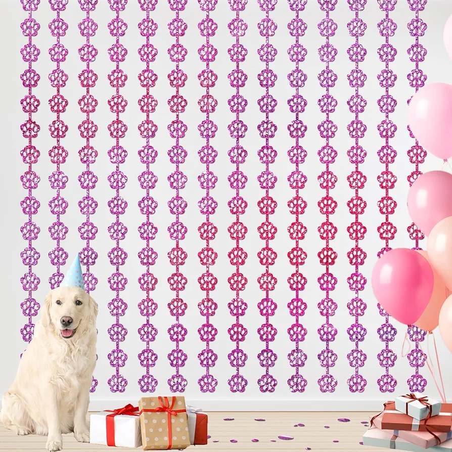 Pink Dog Party Decorations Supplies 2 Pack of 3.3x6.6 ft Dog Paw Tinsel Foil Fringe Curtains Photo Booth Props Backdrop Streamers for Pet Puppy Themed Birthday Party Favors House Doorway Room Decor