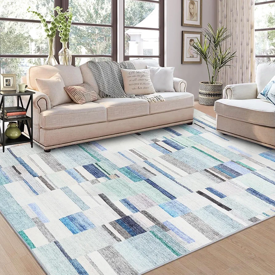 GlowSol Modern Rug Washable Rugs 8x10 Rug for Living Room Abstract Geometric Rug Blue Rug Large Area Rug Bedroom Decor Soft Non Slip Throw Rugs Stain Resistant Carpet Low Pile Area Rugs Blue 8'x10'