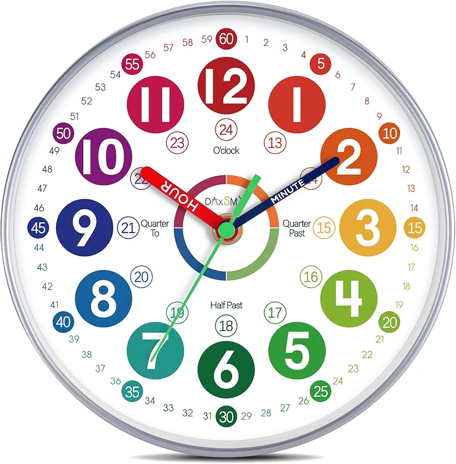 Learning Clock for Kids Learning to Tell Time Easily Colorful Teaching Time Clock Teaching Clock Silent Non Ticking Battery Operated Decorative for Kids Room Classroom School Bedroom (8 Inch)