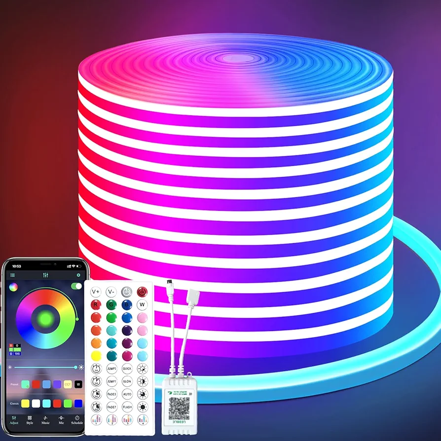 50ft 24V RGB LED neon Rope Lights LED neon Lights with Remote Control APP Control IP65 Waterproof Flexible Neon LED Strip Lights for Bedroom Room Outdoors Décor