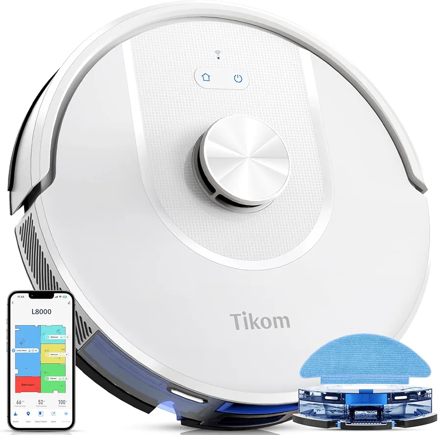 Tikom Robot Vacuum and Mop, L8000 Laser LiDAR Navigation Robotic Vacuum, 150Mins Max, 45dB, 14 No-Go Zones, 20 Virtual Walls, Self-Charging, Good for Pet Hair, Carpet, Hard Floor, White