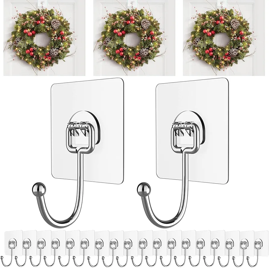 Big Wreath Hangers for Front Door,Large Clear Wreath-Door-Hanger-Easter-Christmas-Halloween-Decorations,60lb Over-The-Door-Hooks Glass Door,Adhesive Wall-Hooks for Hanging Wreath Home-Decor (10)