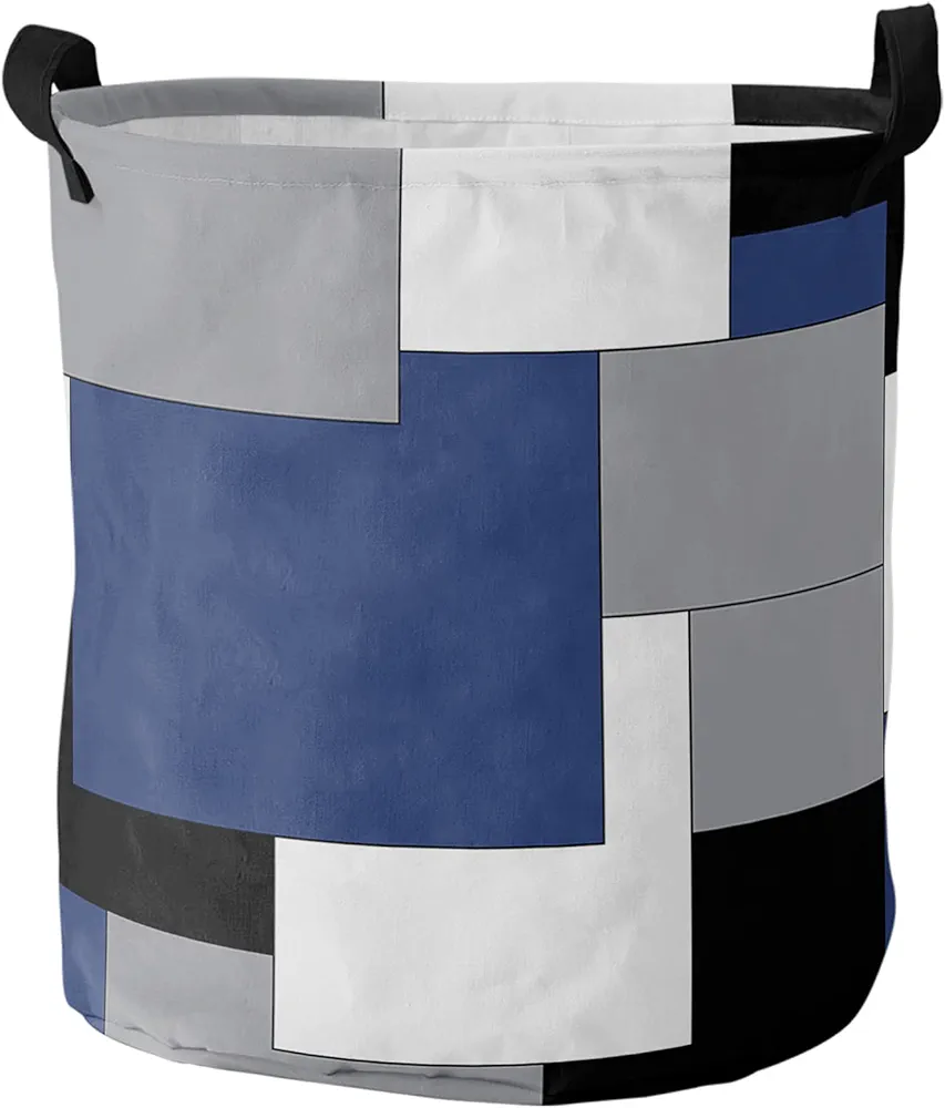 Collapsible Laundry Basket - 16.5 x 17 In Irregular Geo Color Block Storage Bin Laundry Hamper with Handles, Navy Blue Black White Grey Abstract Modern Waterproof Clothes Baskets for Bedroom/Kids Room