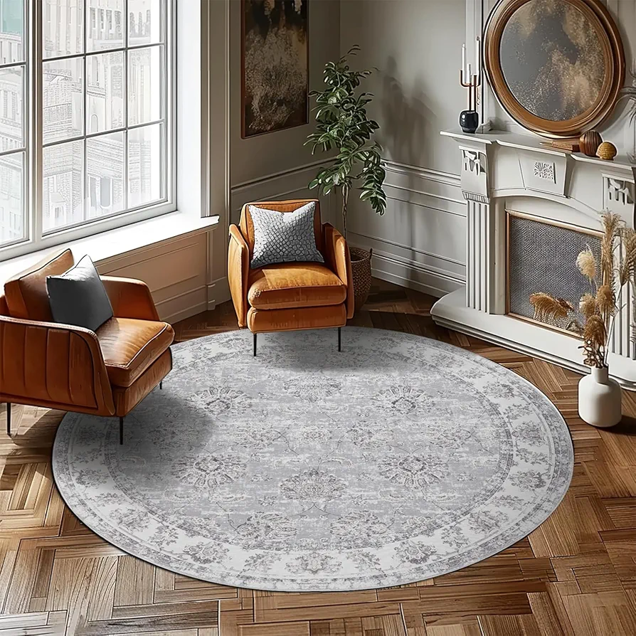 jinchan Round Rug 5ft Area Rug - Indoor Vintage Hallway Circle Rug 5' Round Washable - Thin Rug Floral Print Non Slip with Rubber Backing for Living Room Dining Room Bedroom Entryway Grey