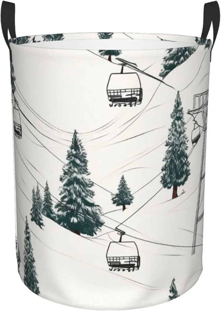 Ski Lift With Fir Tree Print Laundry Basket Circular Laundry Hamper with Handles Waterproof Circular Hamper Dirty Clothes Basket Portable Storage Bin for Home Organizer Living Room Bathroom Car Small