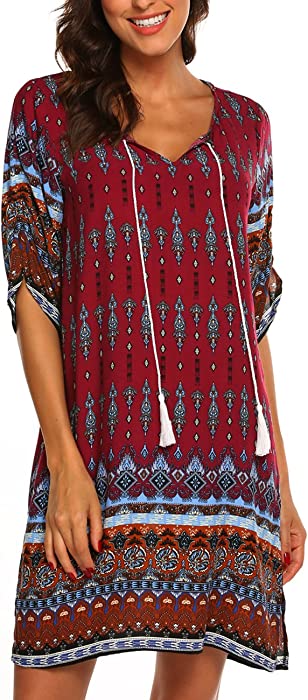 Halife Women's Vintage Ethnic Style Printed Tassel Tie Neck Loose Fit Bohemian Tunic Dress