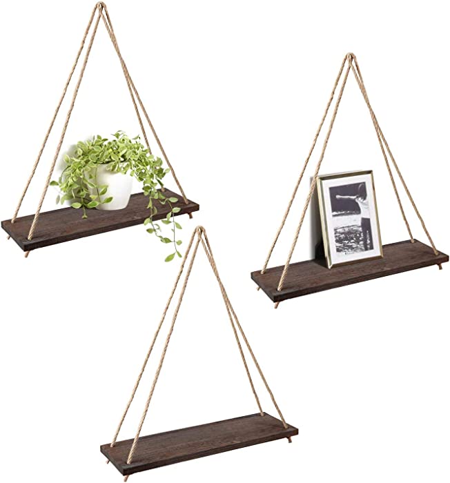 Mkono Wood Hanging Shelves for Wall Boho Decor Swing Rope Rustic Floating Shelf , Set of 3 Wall Display Shelving Home Organizer Rack for Living Room Bedroom Bathroom Kitchen,Brown