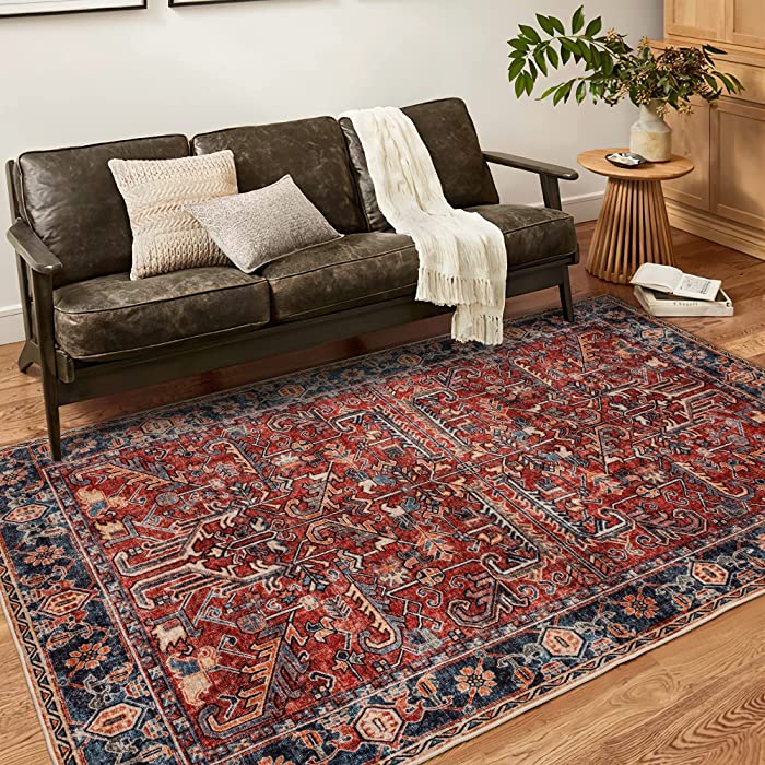 Valenrug Machine Washable Oriental Area Rug, 5' x 7', Persian Distressed Farmhouse, Red/Blue