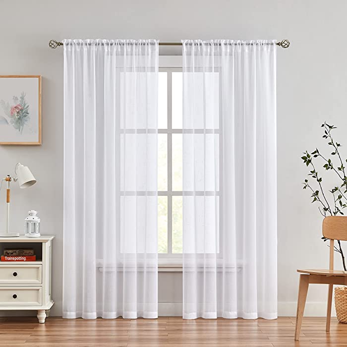 White Linen Sheer Curtain Panel Pairs 84 Inches Long with Rod Pocket Rustic Window Treatment Drapery Sets for Living Room Bedroom Farmhouse, 2 Panels, 54"x84", Snow White