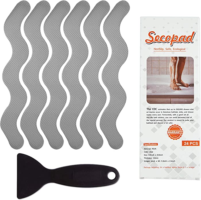 Secopad Anti Slip Shower Stickers 24 PCS Safety Bathtub Strips Adhesive Decals with Premium Scraper for  Bath Tub Shower Stairs Ladders Boats (Gray)