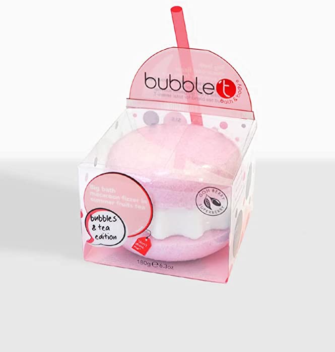 Bubble T Cosmetics Summer Fruits Tea Giant Macaron Bath Fizzer Bomb, Packed with Berry Extracts to Cleanse & Nourish The Skin with an Uplifting Fragrance - 1 x 180g