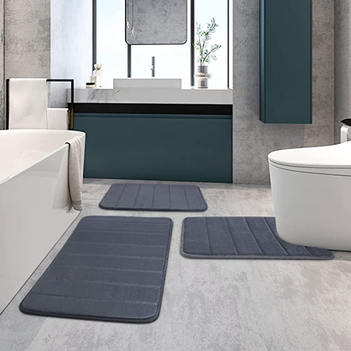 3 Piece Bathroom Rug Set Bath Mat Set Ultra Soft Cozy Memory Foam Bath Rug Set Non Slip Highly Water Absorbent Durable and Machine Washable Bath Mats for Bathroom, Tub-Large/Small/Contour