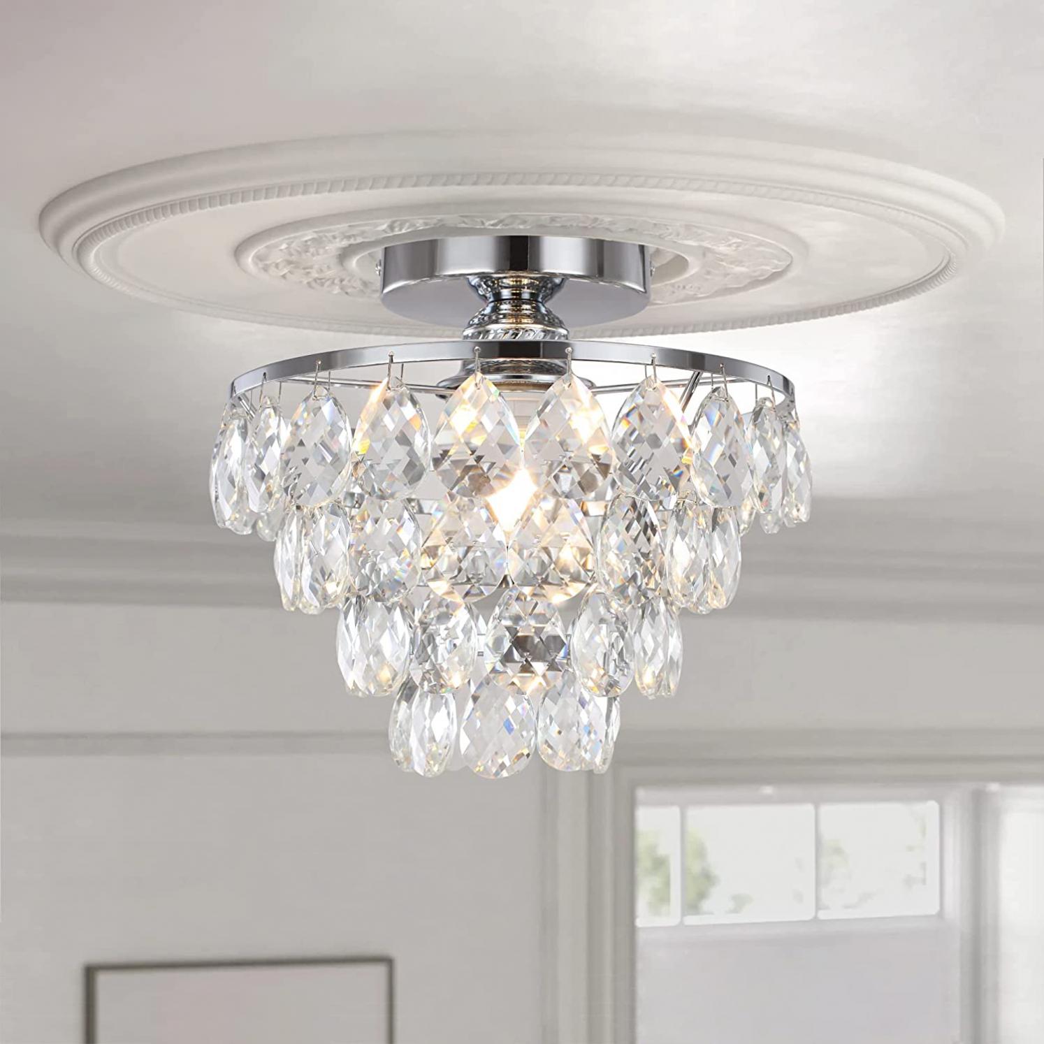 Luupyia Mini Crystal Chandelier Ceiling Light Small, Modern Crystal Ceiling Light for Hallway Ceiling Light Fixtures Flush Mount Silver Crystal Chandelier for Bedroom Hall Living Room Hallway