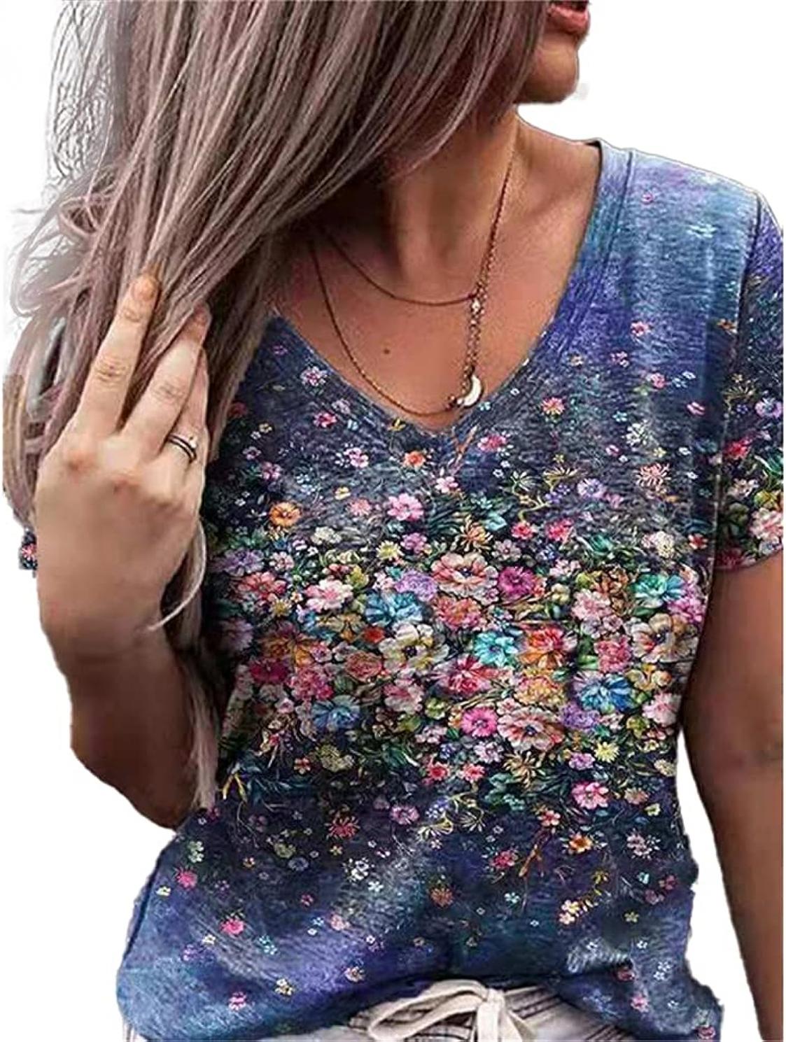 Janepam Women Tops Summer T-Shirt Plus Size Short Sleeve Flower Floral USA Flag Print Loose Fit Tee Blouse