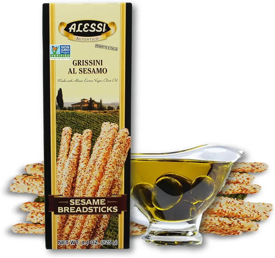 Alessi Imported Breadsticks, Sesame Autentico Italian Crispy Bread Sticks, Low Fat Made with Extra Virgin Olive Oil, 4.4oz (Sesame, 4.4 Ounce (Pack of 12))