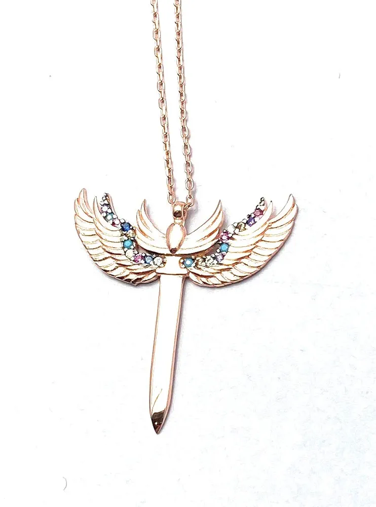 Archangel Michael's Sword Pendant, Rose Gold Filled with Colorful Stones, Adjustable Chain Necklace for Spiritual Protection, Perfect Gift for Angel Lovers