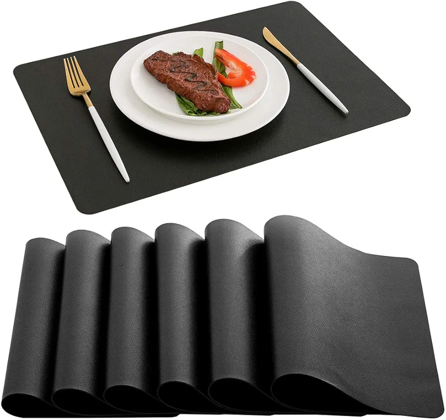 DOLOPL Placemats Set of 6, Faux Leather Heat Resistant Placemats - Waterproof - Anti Slip Table Place Mats, Washable Wipeable Outdoor Black Placemats for Kitchen Dining Room Table Decorations