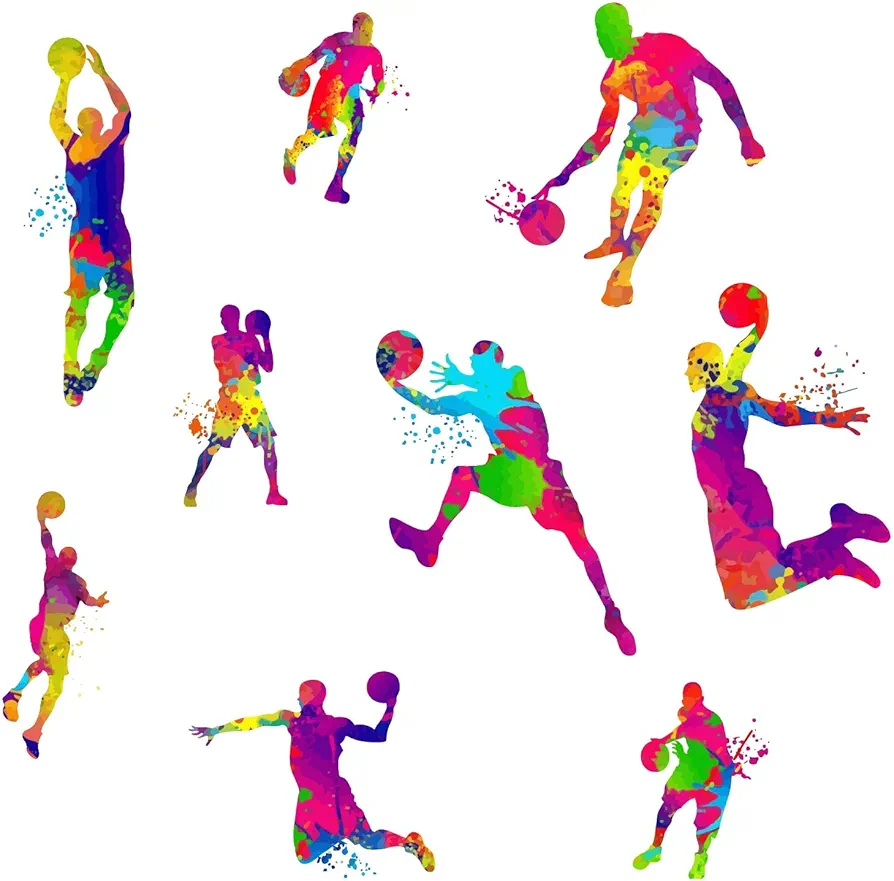 SUPERDANT 9PCS Basketball Player Dunk Wall Stickers Watercolor Sports Player Silhouette Decals Peel Stick Wall Decor Art Murals for Boys Teens Kids Room Playroom Nursery Classroom Wall Decoration