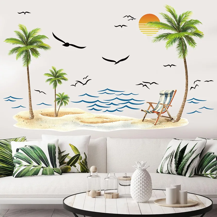 Palm Tree Wall Decals Watercolor Tropical Sea Waves Seagull Wall Stickers Peel and Stick Sunshine Beach Lounge Chairs Wall Decal Sticker Decal Bedroom Nursery Bathroom Kids Room Holiday Supply Decor