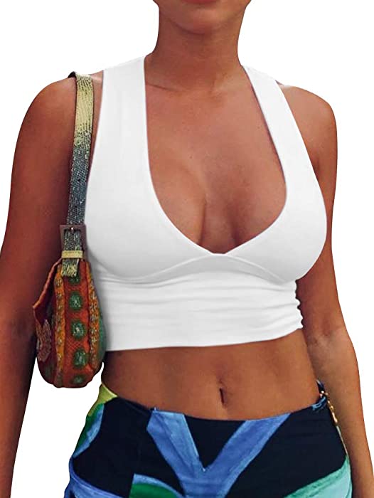 AEPEBO Sexy Crop Tops for Women Deep V Neck Back Cutout Sleeveless Plunge Racerback Tank Cropped Top