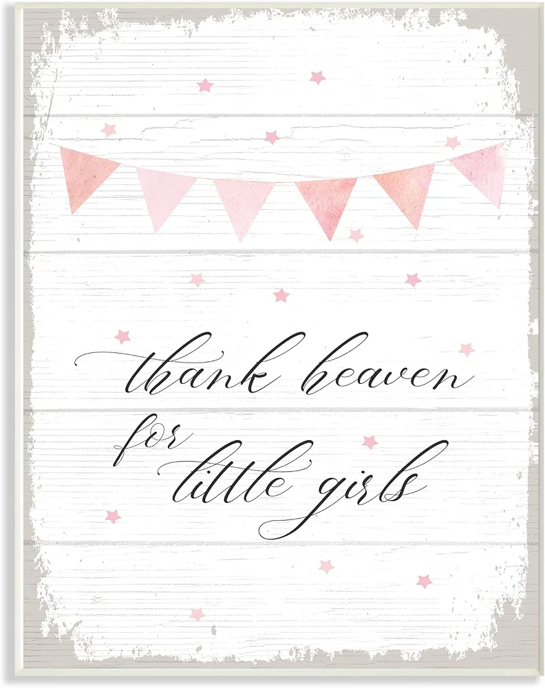 The Kids Room By Stupell Pink Bunting Thank Heaven for Little Girls Planked Look Wall Plaque Art, 13 x 19, Proudly Made in USA, Multi-Color