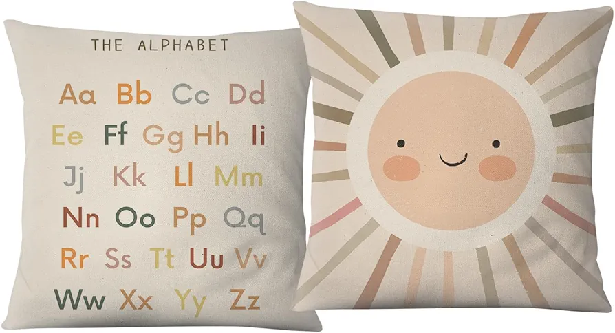 Boho Smile Sun ABC Alphabet Throw Pillow Cover, 18x18 inch Pillow Covers Set of 2, Decor Home Kids Room Nursery Playroom Reading Room, Gifts for Book Lovers Girls Boys