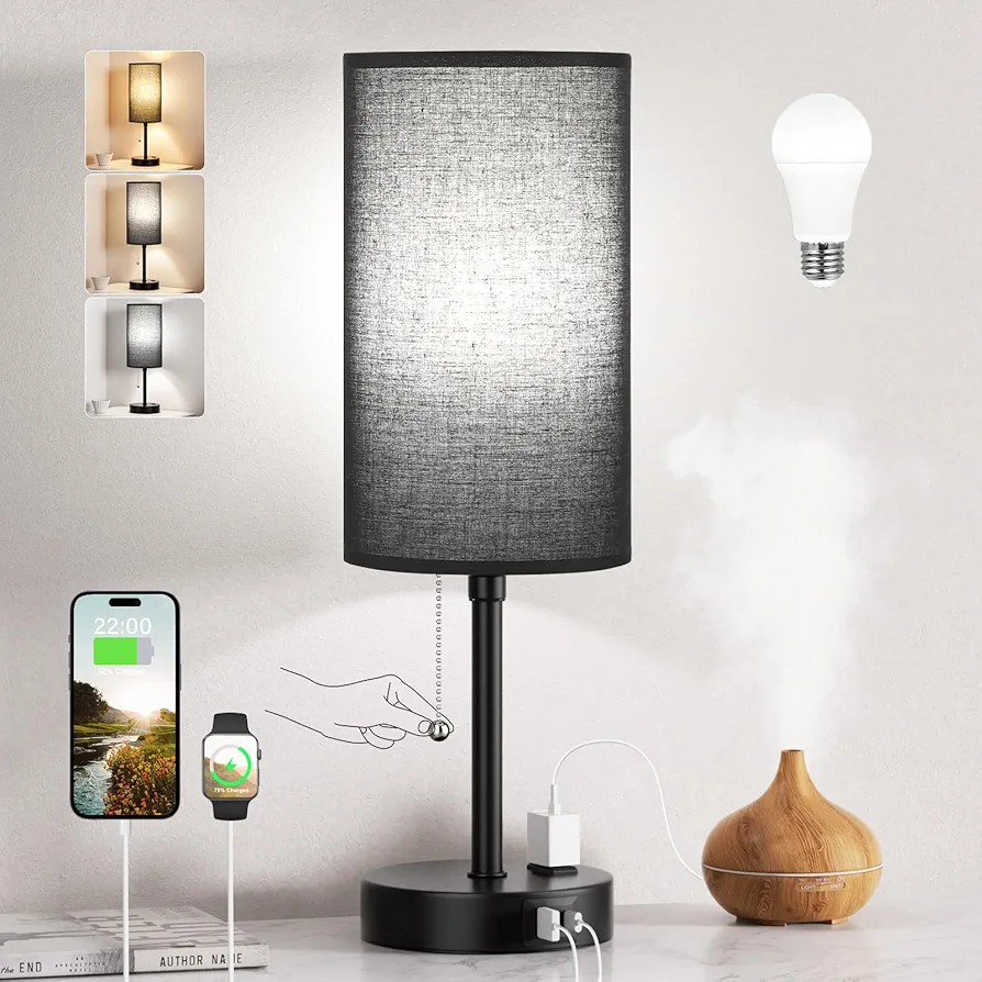 Dicoool 18Inch Tall Bedroom Lamps with USB C and A Ports 3 Color Temperatures - Pull Chain Black Nightstand Bedside Table Lamp with AC Outlet, Side Lamp for Living Room End Table