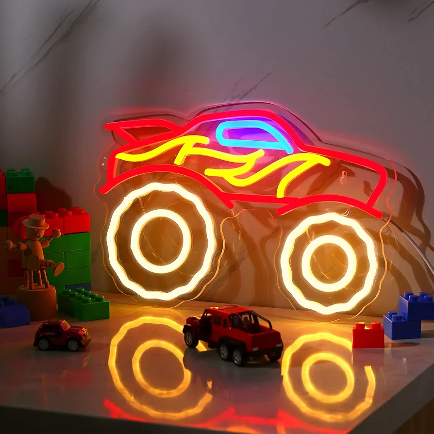 Riakrum Truck Neon Sign Dump Truck LED Neon Light Monster USB Powered Acrylic Car Neon Sign for Wall Decor Kids Boys Room Playroom Birthday Party