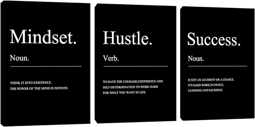 Motivational Office Wall Decor Mindset Canvas Wall Art 3 Pieces Hustle Posters Prints Entrepreneur Success Paintings Picture Artwork Inspirational Home Bedroom Living Room Decorations(36" Wx16 H)