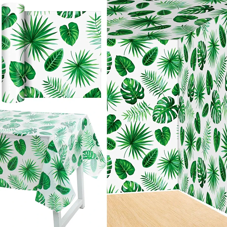 100 ft Long Hawaii Palm Leaves Tablecloth Disposable Plastic Tropical Table Covers Aloha Tropical Palm Leaves Table Cloth for Birthday, Luau, Kitchen Dining Room Decoration