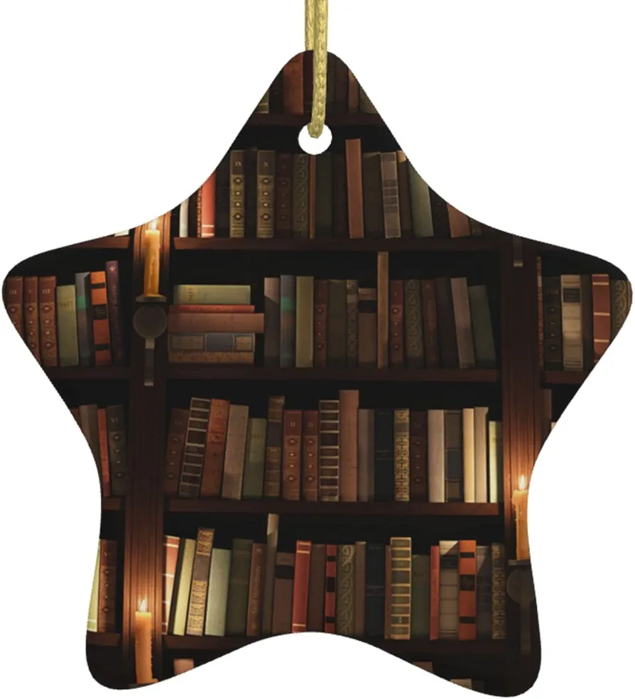 Book Room Library Print Christmas Tree Ceramic Hanging Star Shaped Christmas Tree Pendants Family Gatherings Holiday Party Decor.