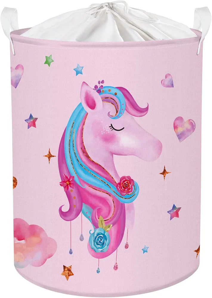 Clastyle Pink Unicorn Girl Nursery Hamper Heart Star Kid Room Clothes Laundry Basket Collapsible Bedroom Nursey Toy Storage Basket