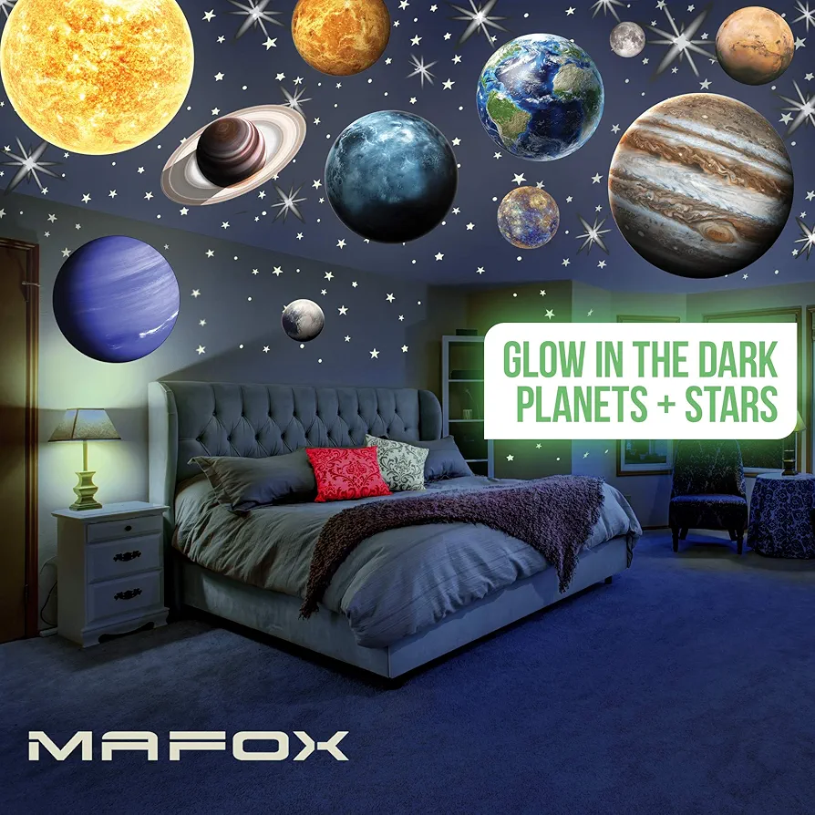 Glow in The Dark Planets, Bright Solar System Wall Stickers -Sun Earth Mars and so on,9 Glowing Ceiling Decals for Bedroom Living Room,Shining Space Decoration for Kids for Girls and Boys