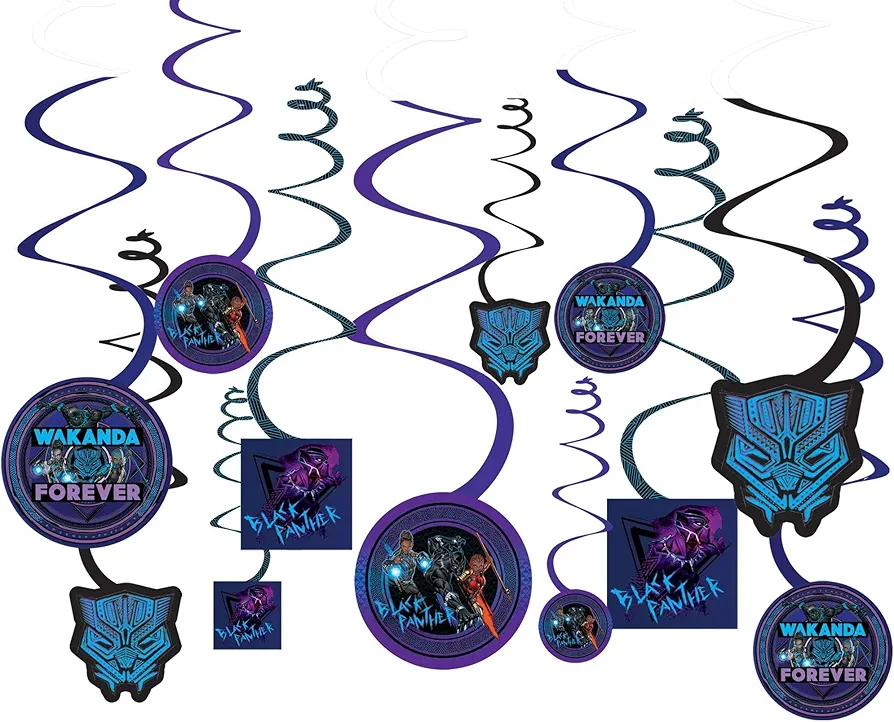 Amscan Stunning Black Panther Wakanda Forever Spiral Hanging Decorations (Pack of 12) - Multicolor Paper - Perfect for Themed Events, Parties & Celebrations