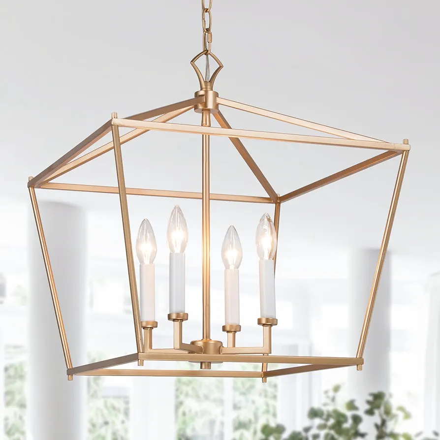 KSANA Gold Chandelier, 4-Light Modern Linear Chandeliers, Pendant Cage Lantern Hanging Light Fixtures for Dining Rooms, Foyer, Living Room, Bedroom and Kitchen Island