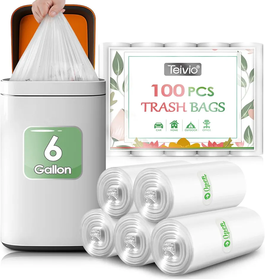 Teivio 6 Gallon 100 Counts Strong Garbage Bags Trash Bags, Bathroom Trash Can Bin Liners, Plastic Bags for home office kitchen, Clear