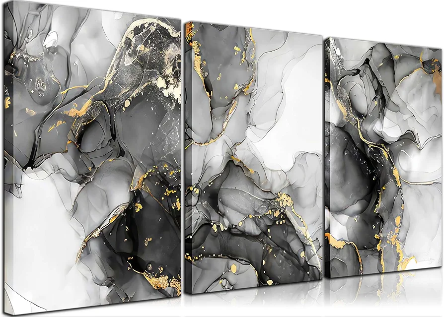 3Pcs Abstract Marble Wall Art Black and Gold Bathroom Decor Nordic Watercolor Gray White Fluid Ink Lines Canvas Picture Contemporary Painting Artwork for Living Room Bedroom Office Home Decoration