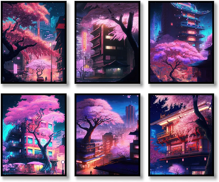 QQQDADA Japanese Wall Art Prints Set of 6 Anime Posters Abstract Illustration Wall Art Comic Sakura Picture Fashion Canvas Art Painting for Living Room Bedroom Wall Decor (8"x10" UNFRAMED)