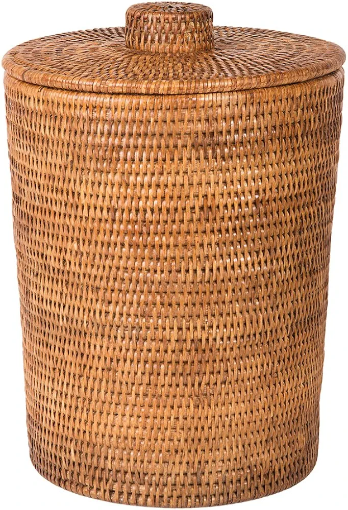 KOUBOO La Jolla Rattan Round Plastic Insert & Lid, Large, Honey-Brown for Bedroom, Living Room and Bathroom Basket for Dry and Organic Waste