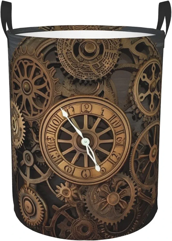 Steampunk Gears Clock Print Laundry Basket Circular Laundry Hamper with Handles Waterproof Circular Hamper Dirty Clothes Basket Portable Storage Bin for Home Organizer Living Room Bathroom Car Small