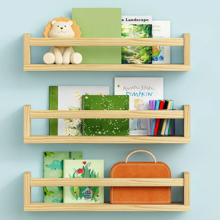 Floating Nursery Book Shelves Wall Mounted Set of 3, Wooden Wall Bookshelf for Kids Room Bedroom, Small Corner Book Shelf for Baby Toddler Bathroom Clothes, Kitchen Spice Rack Organizer